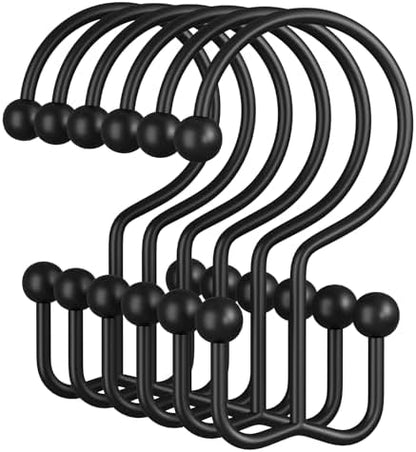 Amazer Black Shower Curtain Hooks, 12PCS Minimalist Simple Double Shower Curtain Rings, Rust-Resistant Metal Shower Hooks Shower Curtain Hangers, Shower Rings for Bathroom Shower Rods Curtains