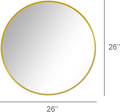 26 Inch Gold Round Circle Mirror for Bathroom Wall, Metal Frame | HD tempered glass for clear, distortion-free reflection. Mounting hardware included for vertical or horizontal wall mount.