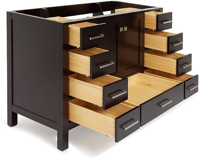ARIEL Cambridge 48-inch Bathroom Vanity Base Cabinet,Solid Wood, 2 Soft Closing Doors, 9 Dovetail Drawers, Espresso