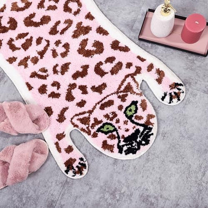 Panstar Cute Pink Leopard Bath Mat for Bathroom, Cute Cartoon Bath Mat Non Slip Animals Shaped Absorbent Bathtub Rug Bathroom Plush Shower Rugs