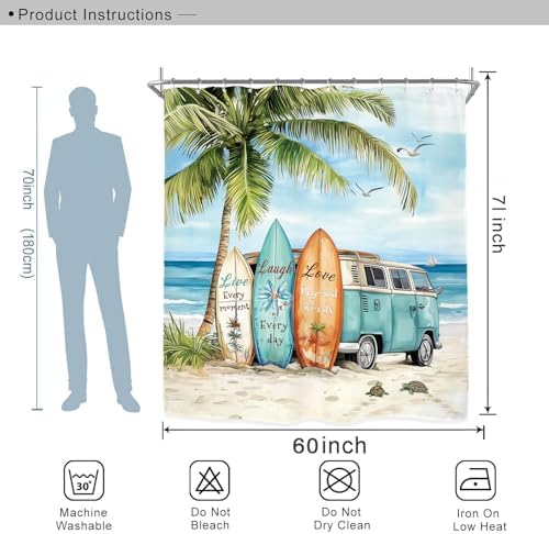 Miyotaa Coastal Beach Palm Surfboard Shower Curtain Set 60Wx71H Inches Ocean Summer Tropical Scenery Hawaii Camping Waterproof Bathroom Curtain with 12 Hooks