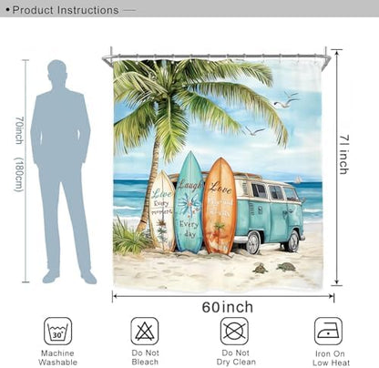 Miyotaa Coastal Beach Palm Surfboard Shower Curtain Set 60Wx71H Inches Ocean Summer Tropical Scenery Hawaii Camping Waterproof Bathroom Curtain with 12 Hooks