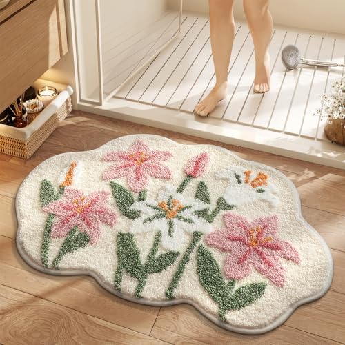 Cloud-Shaped Lily Bath Mat, Soft Non-Slip Fluffy Fresh Flowers Bathroom Rug, Ultra Absorbent Microfiber Shaggy Door Mat, Machine Washable Bath Rug Carpet for Bathtub Bedroom 20x31 Inch (White)