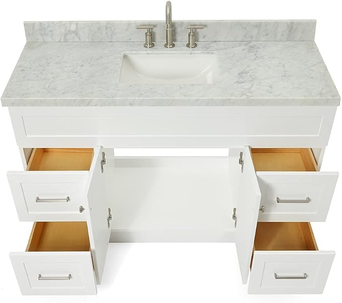 DKB Bradford 54" White Bathroom Vanity, 1.5" Edge Italian Carrara Marble Countertop, Rectangular Undermount Sink, 2 Soft Closing Doors, 4 Dovetail Drawers