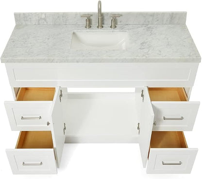 DKB Bradford 54" White Bathroom Vanity, 1.5" Edge Italian Carrara Marble Countertop, Rectangular Undermount Sink, 2 Soft Closing Doors, 4 Dovetail Drawers