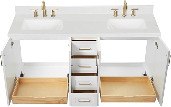 DKB Emilia 72 Inch Bathroom Vanity Double Sink — White Bathroom Vanity with Sink, 1.5" Edge Carrara White Quartz Countertop & Backsplash, 4 Soft-Close Doors, and 6 Dovetail Drawers