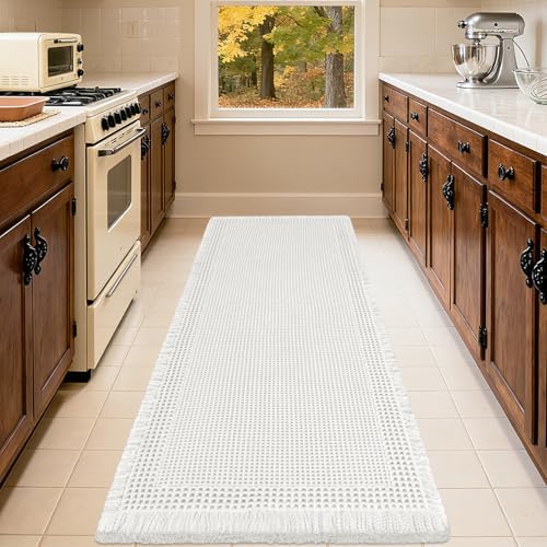 Upgrade Waffle Bath Mat, Boho Bathroom Rugs Absorbent Non Slip, Ultra Soft Bathroom Mat, Machine Washable Knit Bath Rugs with Border for Bathroom, Bedroom, Kitchen, Shower, Tub, 32"x20", White