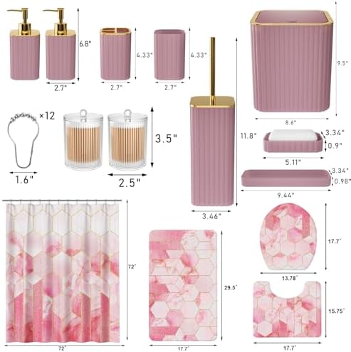 XLHOMO Bathroom Set - 26PC Bathroom Set with Shower Curtain and Rugs, Bathroom Accessory Set, Pink Bathroom Accessories Set, Trash Can & Soap Dispenser