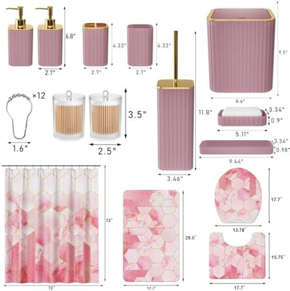 XLHOMO Bathroom Set - 26PC Bathroom Set with Shower Curtain and Rugs, Bathroom Accessory Set, Pink Bathroom Accessories Set, Trash Can & Soap Dispenser