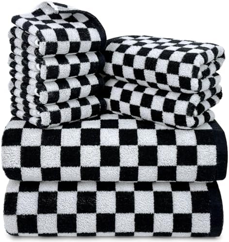 Black and White Towels Set of 8, Cute Checkered Towels for Bathroom Decor