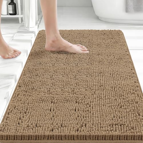Bcoimo Bath Rug Mat,70x24 Chenille Non Slip Tan Long Bathroom Runner Rugs
