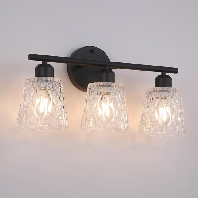 3-Light Black Bathroom Vanity Light Over Mirror, Modern Wall-Mounted Fixture with Textured Glass Shades and Stainless Steel Construction, E26 Sockets (Bulbs Not Included)
