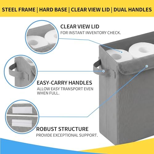 Cupic Cupid Toilet Paper Storage Baskets, Bathroom Toilet Paper Storage with Lid, Holds 12 Regular or 9 Mega Rolls, Slim Toilet Tissue Holder Basket with Clear PVC Lid and Handles, Grey