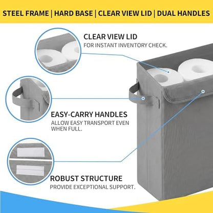Cupic Cupid Toilet Paper Storage Baskets, Bathroom Toilet Paper Storage with Lid, Holds 12 Regular or 9 Mega Rolls, Slim Toilet Tissue Holder Basket with Clear PVC Lid and Handles, Grey