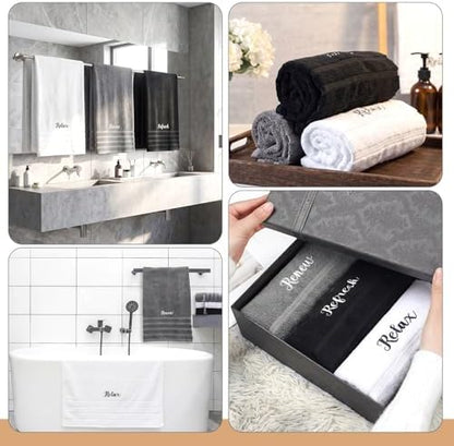 Tiamon 3 Pcs Bathroom Towel Decorative Set 100% Cotton Fluffy Bath Hand Towels for Guest Gifts Farmhouse Kitchen Hand Towels Home (Black, White, Gray,55 x 28 Inch,Relax Renew Refresh)