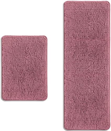 Bathroom Rugs Sets 2 Piece – Absorbent and Washable Bath Mat, Non-Slip, Thick Soft Chenille Bath Rugs for Bathroom Floor, Shower, Sink(17" x 24"+17" x 47", Dusty Rose)