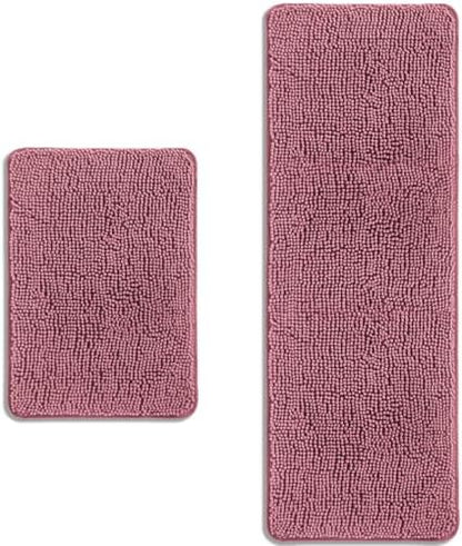 Bathroom Rugs Sets 2 Piece – Absorbent and Washable Bath Mat, Non-Slip, Thick Soft Chenille Bath Rugs for Bathroom Floor, Shower, Sink(17" x 24"+17" x 47", Dusty Rose)