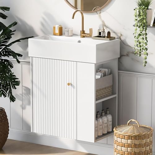 21.6 in Floating Bathroom Vanity with Sink,Soft Closing Doors,Solid Wood Frame & MDF Modern Single Small White Bathroom Vanity Cabinet with Open Shelf,Wall Mounted