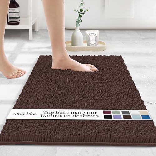 MAYSHINE Small Plush Shaggy Chenille Bath Mat 24"x17" Extra Soft, Super Absorbent, Non-Slip Bathroom Rug | Fluffy Microfiber, Area Rug Sets for Bathroom Floor, Kitchen, Living Room | Brown