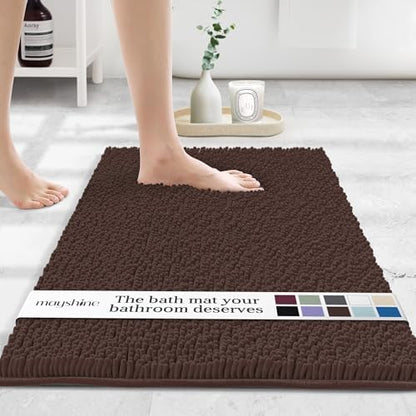 MAYSHINE Small Plush Shaggy Chenille Bath Mat 23"x14" Extra Soft, Super Absorbent, Non-Slip Bathroom Rug | Fluffy Microfiber, Area Rug Sets for Bathroom Floor, Kitchen, Living Room | Brown