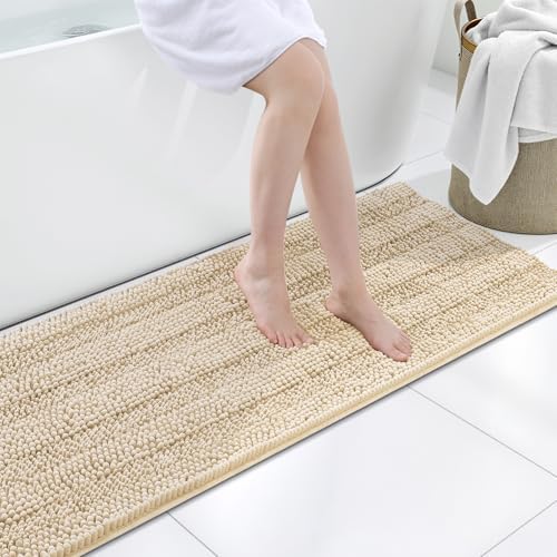 Grandaily Chenille Striped Bathroom Rugs 59x20, Extra Thick and Soft Absorbent Bath Mats, Rubber Backing, Plush Shaggy Shower Carpet, Machine Wash Dry, Bath Rug for Bathroom, Light Beige