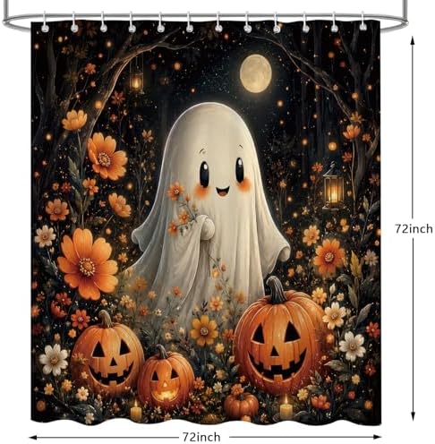 Halloween Shower Curtain, Funny Spooky Pumpkin Floral Shower Curtains Set for Bathroom, Waterproof Polyester Bathroom Decor Accessories with Hooks, 72x72 Inch