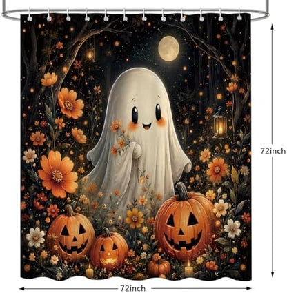 Halloween Shower Curtain, Funny Spooky Pumpkin Floral Shower Curtains Set for Bathroom, Waterproof Polyester Bathroom Decor Accessories with Hooks, 72x72 Inch