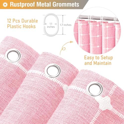 BTTN Pink Boho Farmhouse Linen Heavy Duty Fabric Shower Curtain Set, 72x72