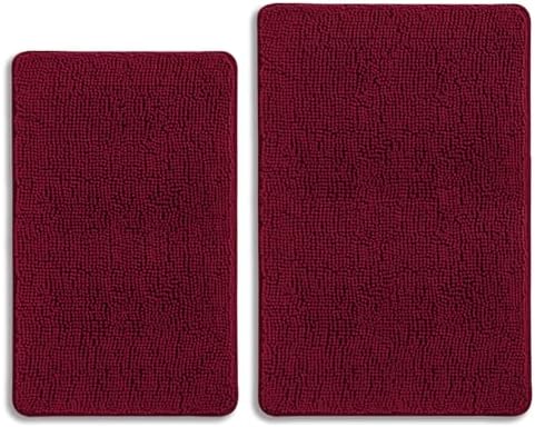 Vivid Burgundy Bathroom Rugs Sets 2 Piece – Absorbent and Washable Bath Mat, Non-Slip, Thick Soft Chenille Bath Rugs for Bathroom Floor, Shower, Sink - 20" x 32"+24" x 36"