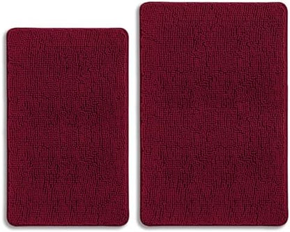 Vivid Burgundy Bathroom Rugs Sets 2 Piece – Absorbent and Washable Bath Mat, Non-Slip, Thick Soft Chenille Bath Rugs for Bathroom Floor, Shower, Sink - 20" x 32"+24" x 36"