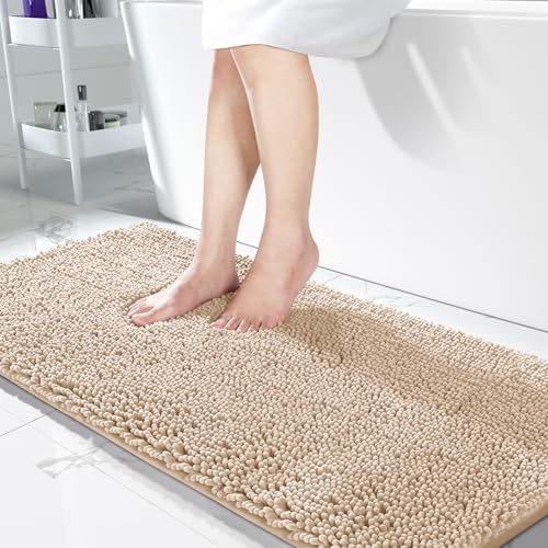 Yimobra Long Bathroom Rugs 44"x24", Extra Soft Non Slip Bath Mat for Tub, Super Absorbent Quick Dry Shaggy Rug Floor Carpet, Machine Washable,Beige