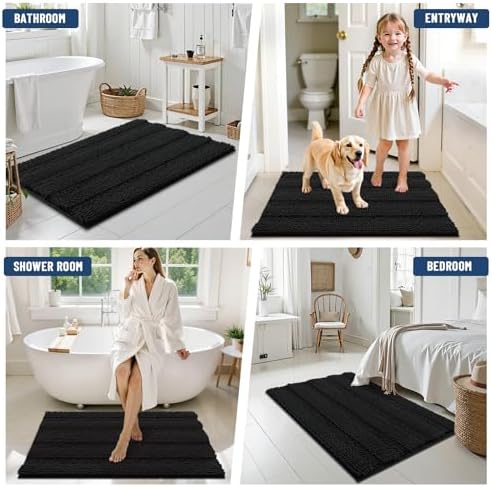 Grandaily Chenille Striped Bathroom Rugs 30x20, Extra Thick and Soft Absorbent Bath Mats, Rubber Backing, Plush Shaggy Shower Carpet, Machine Wash Dry, Bath Rug for Bathroom, Deep Black