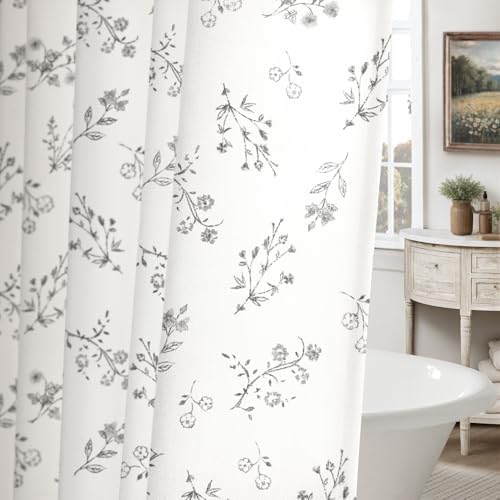 Grey Floral Farmhouse Vintage Cotton Shower Curtain French Country 72Wx72H