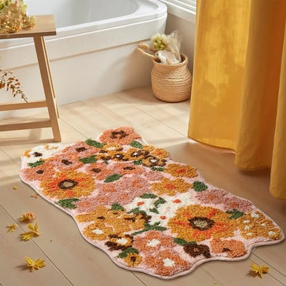TRUEDAYS Floral Bath Mat, Cute Bath Mat for Bathroom, 32'' x 20'', Orange
