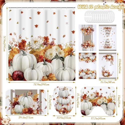 Honoson 8 Pcs Fall Bathroom Shower Curtain Set with Rugs and Towls