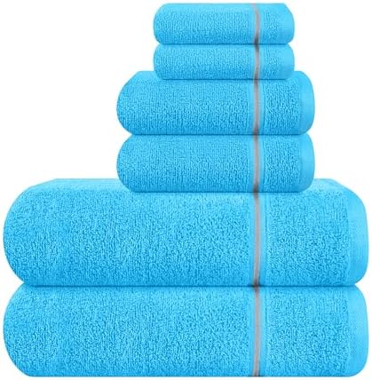 MyOwn Ultra Soft 6 Pack Cotton Towel Set, Contains 2 Bath Towels 28x55 inch, 2 Hand Towels 16x24 inch & 2 Wash Coths 12x12 inch, Ideal Everyday use, Compact & Lightweight - Turquoise Blue