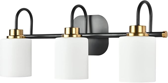 Mid Century Modern Matte Black and Gold 3 Lights Milky Glass Wall Light Fixture for Bathroom Modern Bathroom Vanity Lights Over Mirror(Exclude E26 Bulb)