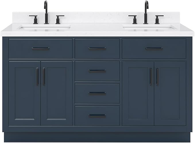 ARIEL Hepburn 66-inch Bathroom Vanity with Sink,Solid Wood, 1.5-inch Carrara White Quartz Countertop, Double Rectangular Porcelain Sink, 4 Soft Closing Doors, 6 Dovetail Drawers, Midnight Blue