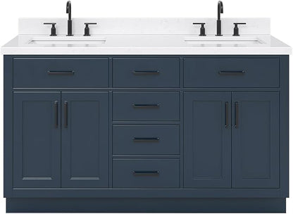 ARIEL Hepburn 60-inch Bathroom Vanity with Sink,Solid Wood, 1.5-inch Carrara White Quartz Countertop, Double Rectangular Porcelain Sink, 4 Soft Closing Doors, 6 Dovetail Drawers, Midnight Blue