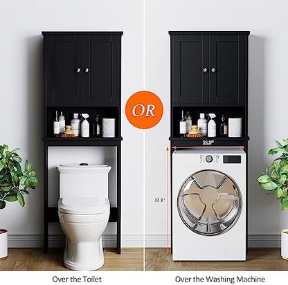Over The Toilet Storage Cabinet for Bathroom, Black Bathroom Storage Over Toilet, Space Saver W/Adjustable Shelf and Open Shelf, Black