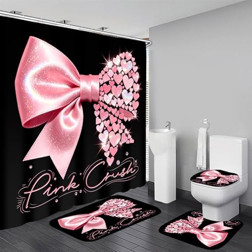 AZHM 4pcs Heart Bow Bathroom Shower Curtain Set with Rugs and Accessories