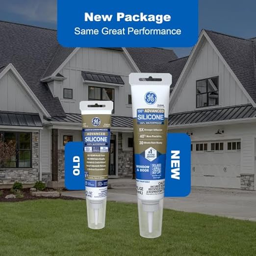 GE Advanced Silicone Caulk for Window & Door, White, 2.8 fl oz Tube - 100% Waterproof Silicone Sealant, 5X Stronger Adhesion, Freeze & Sun Proof,(Pack of 2)