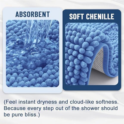 Grandaily Chenille Striped Bathroom Rugs 59x20, Extra Thick and Soft Absorbent Bath Mats, Rubber Backing, Plush Shaggy Shower Carpet, Machine Wash Dry, Bath Rug for Bathroom, Cornflower Blue