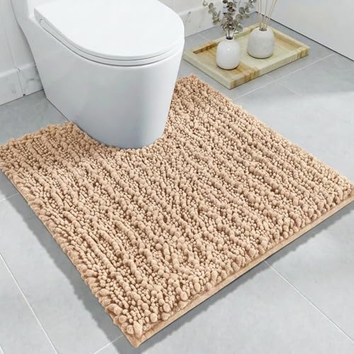 Disolla Toilet Rug 24x24 Inch - Beige U-Shaped Bathroom Floor Mat, Soft Shaggy Plush Absorbent Chenille Contour Rug, Non-Slip Washable Pedestal Base Rug