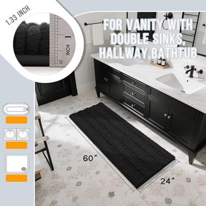 Yimobra Bathroom Runner Rugs 60"x24", Non Slip and Absorbent Bath Mat, Super Soft Water Absorbent Hallway Carpet, Machine Washable Rug for Vanity Tub Shower, Black