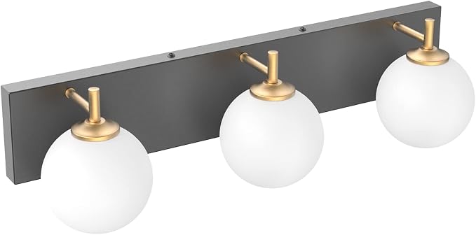 Aipsun Mid Century Modern Bathroom Vanity Light 3 Lights Milky White Glass Shades Black/Golden Bathroom Light Fixture(Exclude Bulb)