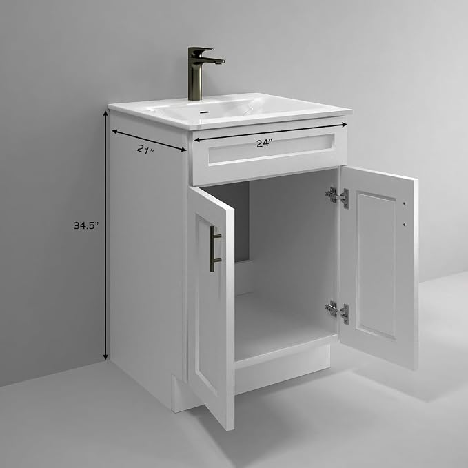 24" White Shaker Bathroom Vanity Base – Ready-to-Assemble Sink Cabinet, Freestanding Bathroom Vanity Base Only, No Top or Sink