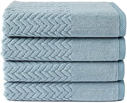 Texere 100% Organic Cotton Jacquard 650 GSM Premium Bath Towel Sets - Extra Absorbent Quick Dry and Plush (Cable, Smoke Blue, 4 Bath Towels)