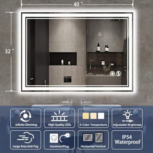 LED Bathroom Mirror 32“ x 40”, Anti-Fog, Dimmable 3 Colors