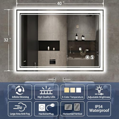 LED Bathroom Mirror 32“ x 40”, Anti-Fog, Dimmable 3 Colors